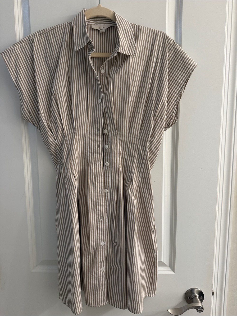 LOFT Taupe & White Striped Button-Front Mini Dress